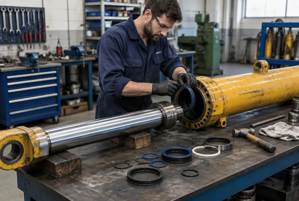 Técnico trabajando en el sistema hidráulico de una máquina
