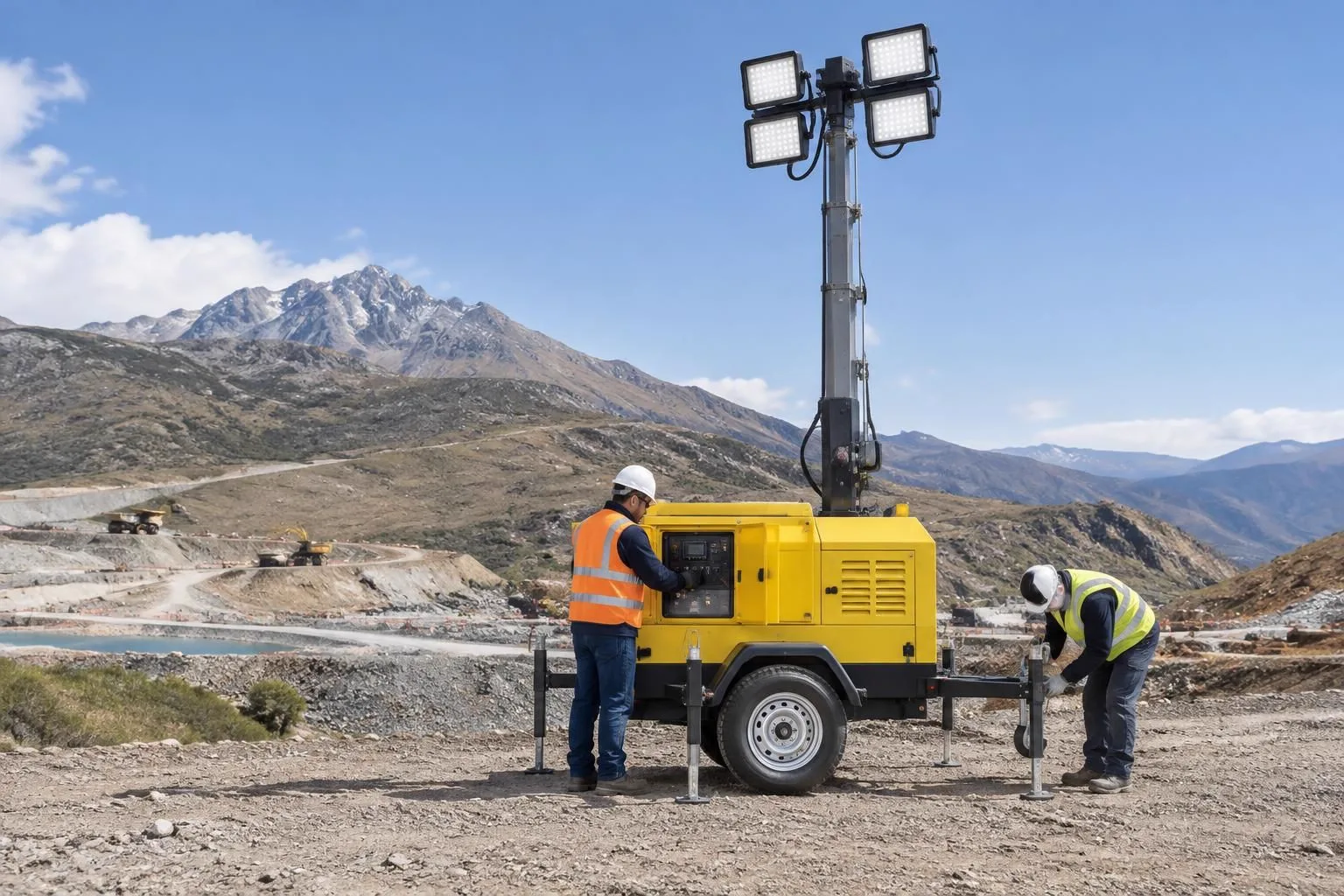 Técnicos trabajando en una torre de iluminación en una zona minera